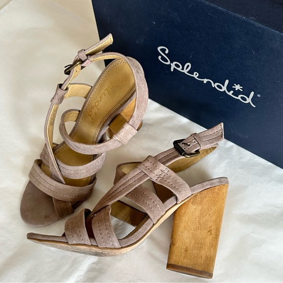 SPLENDID “Flash” Taupe Suede Strappy Wood Heel - Picture 9 of 15